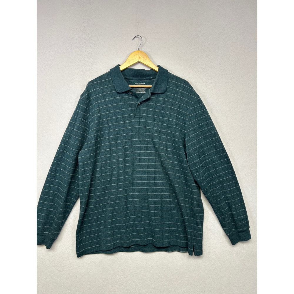 Preppy Casual Van Heusen Mens XL Teal Green Striped Long Sleeve Polo Shirt